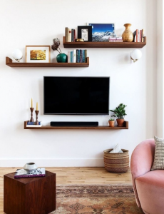 Integrate the television into the decoration with shelves